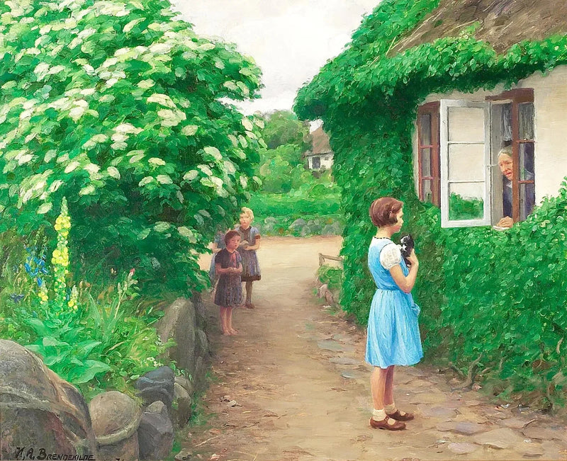 En sommerdag med barn, en kattunge og en gammel kvinne ved vinduet. - H. A. Brendekilde

Source:
Une journée d'été avec des enfants avec un chaton et une vieille femme à la fenêtre. - H. A. Brendekilde