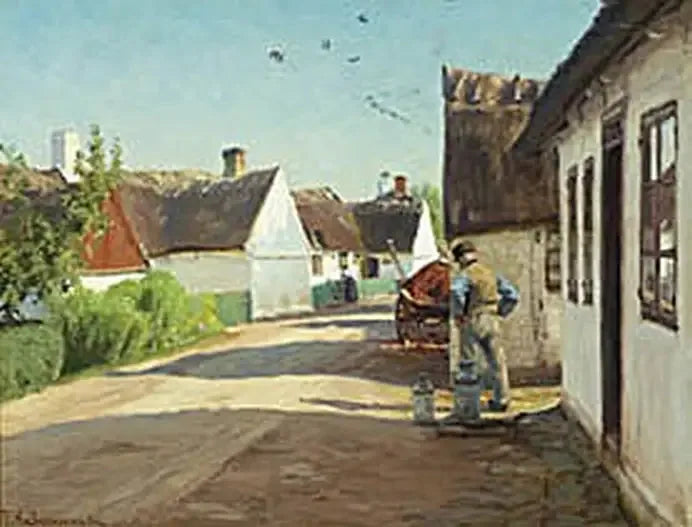 En sommerdag i en landsby med en mann stående ved noen melkekanner. - H. A. Brendekilde

Source:
Une journée d'été dans un village avec un homme debout près de quelques bidons de lait. - H. A. Brendekilde