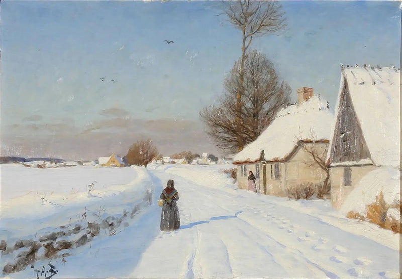 En vinterdag i en landsby, som viser personer nær hus med stråtak. - H. A. Brendekilde

Source:
Une journée d'hiver dans un village, montrant des personnes près de maisons au toit de chaume. - H. A. Brendekilde