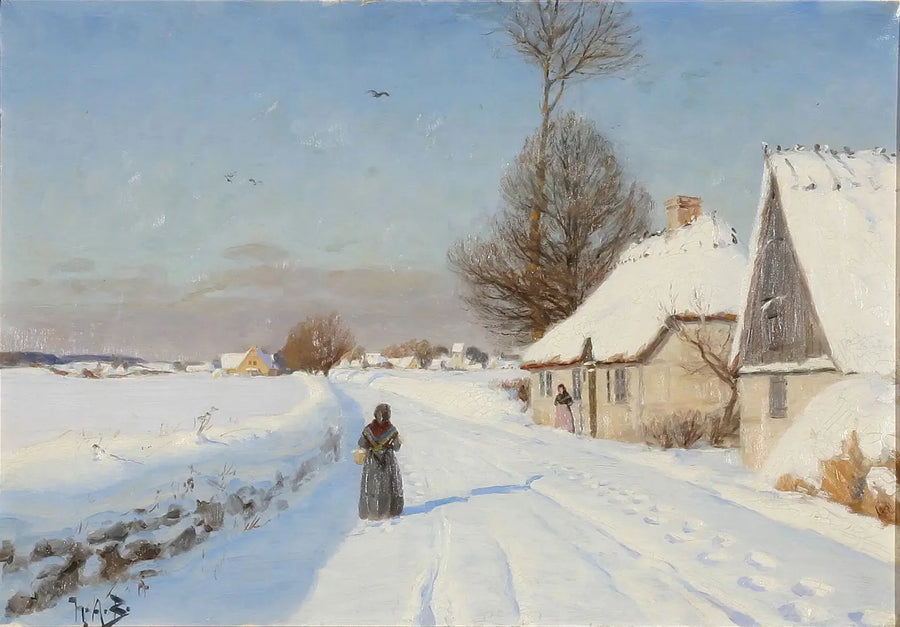 En vinterdag i en landsby, som viser personer nær hus med stråtak. - H. A. Brendekilde

Source:
Une journée d'hiver dans un village, montrant des personnes près de maisons au toit de chaume. - H. A. Brendekilde