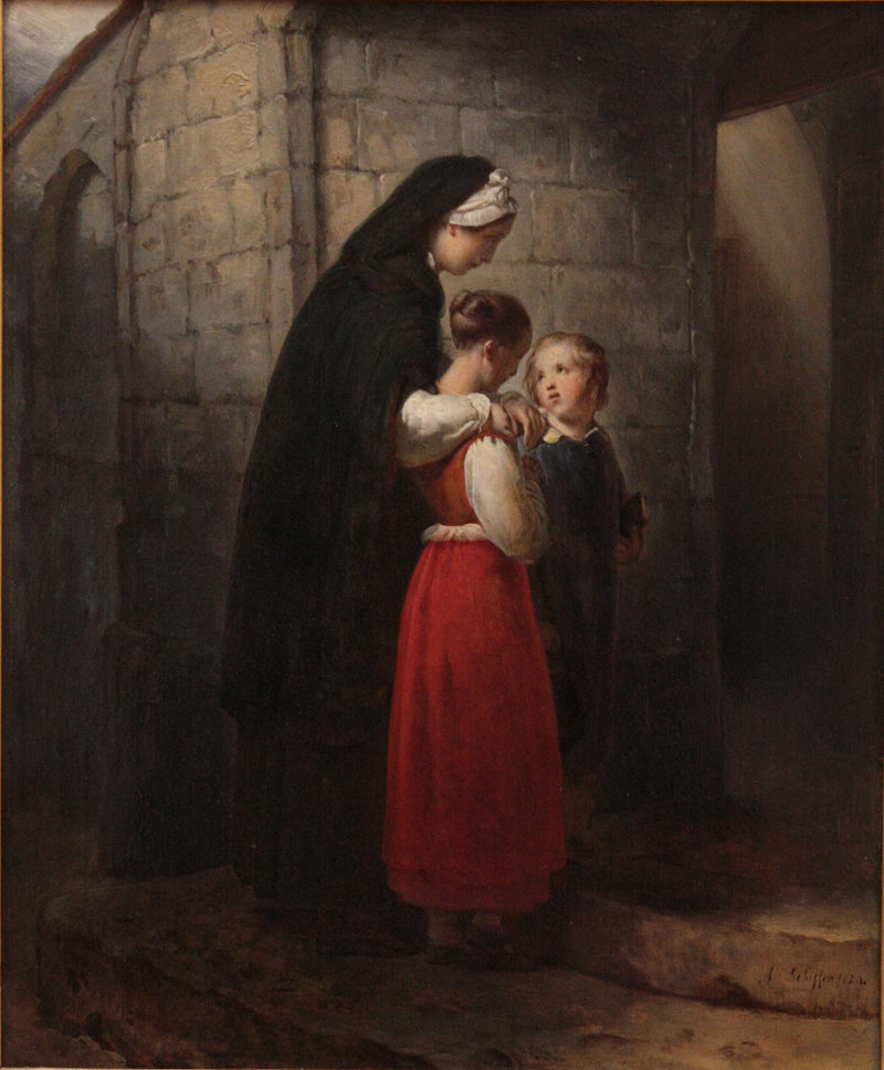 En helbredende mor som går til kirken, støttet av sine to barn - Ary Scheffer