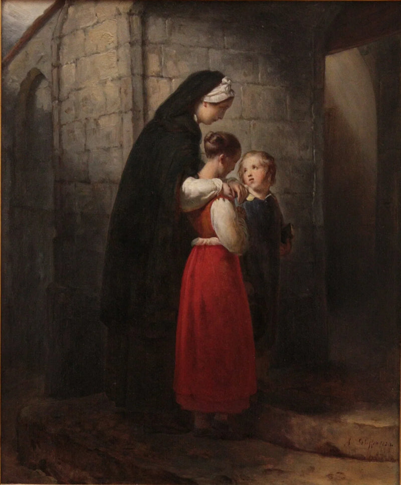 En helbredende mor som går til kirken, støttet av sine to barn - Ary Scheffer