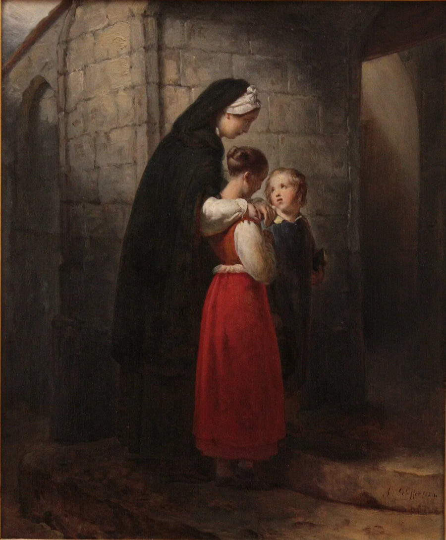 En helbredende mor som går til kirken, støttet av sine to barn - Ary Scheffer