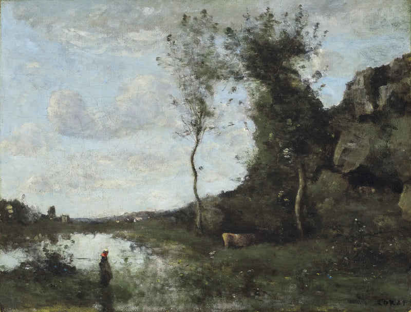 En bonde og kua hennes ved dammen med utsikt over en landsby - Jean-Baptiste Camille Corot