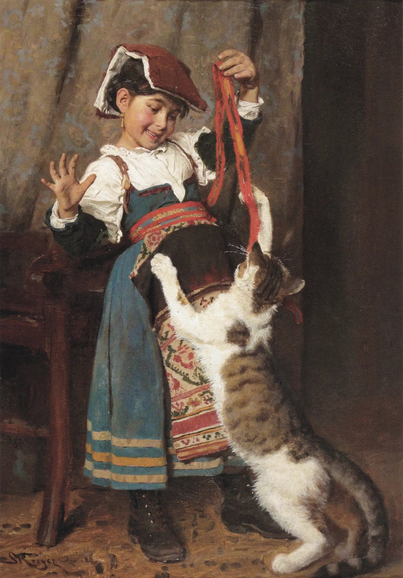 En liten jente i bondekjole, leker med en katt. - Peder Severin Krøyer