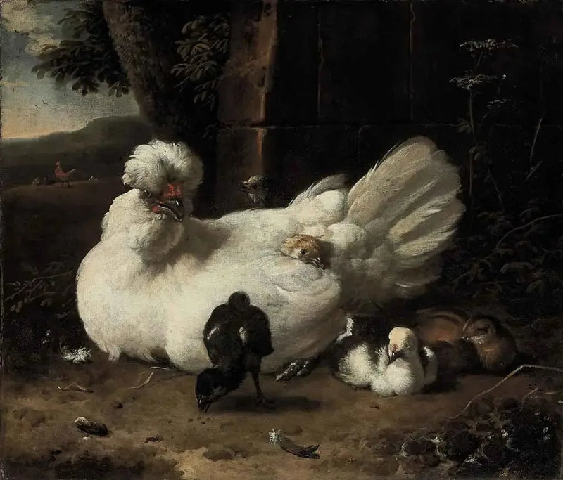En høne med kyllinger i et landskap - Melchior de Hondecoeter