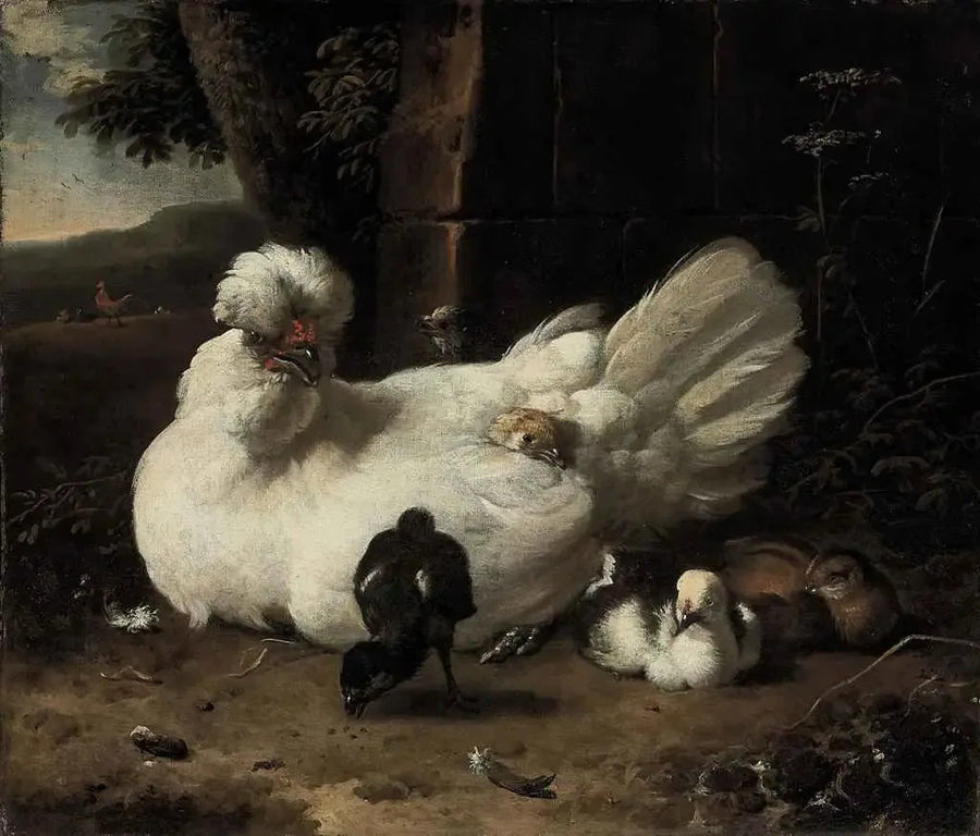 En høne med kyllinger i et landskap - Melchior de Hondecoeter