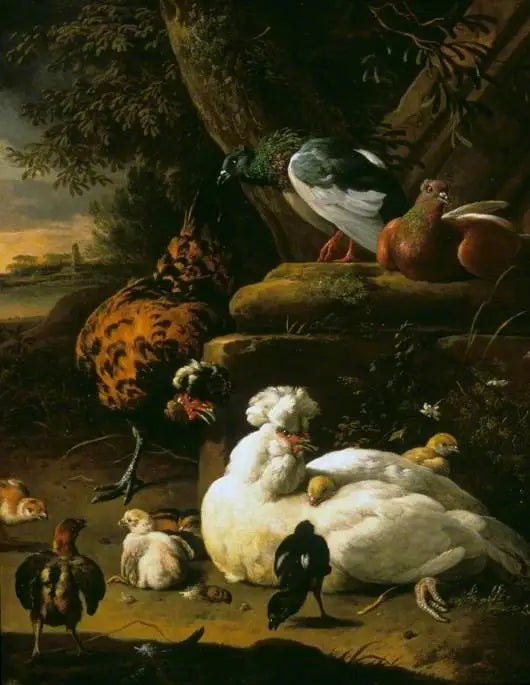 En høne med kyllinger, en hane og duer i et landskap - Melchior de Hondecoeter