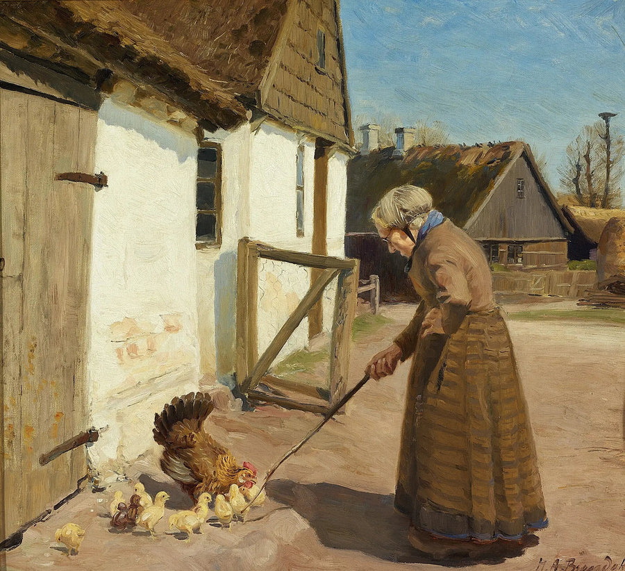 En høne med sine kyllinger. - H. A. Brendekilde

Source:
Une poule avec ses poussins. - H. A. Brendekilde