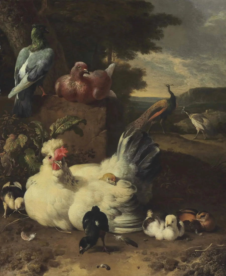 En høne, kyllinger, duer og påfugler ved siden av en steinmur i et landskap - Melchior de Hondecoeter