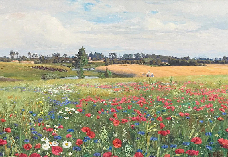 Et blomstrende jorde med valmuer, leucanthemer og blåklokker. - H. A. Brendekilde

Source:
Une prairie en fleurs, avec des coquelicots, des leucanthèmes et des bleuets. - H. A. Brendekilde