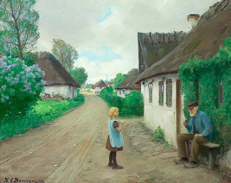 En landsbyvei med en ung jente som snakker med den gamle Jens Wilhelm fra Jyllinge, 93 år gammel. - H. A. Brendekilde

Source:
Une route de village avec une jeune fille parlant au vieux Jens Wilhelm de Jyllinge, âgé de 93 ans. - H. A. Brendekilde