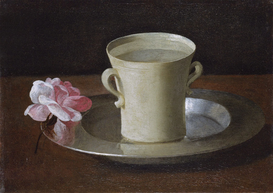 En kopp vann og en rose på et sølvfat - Francisco de Zurbarán