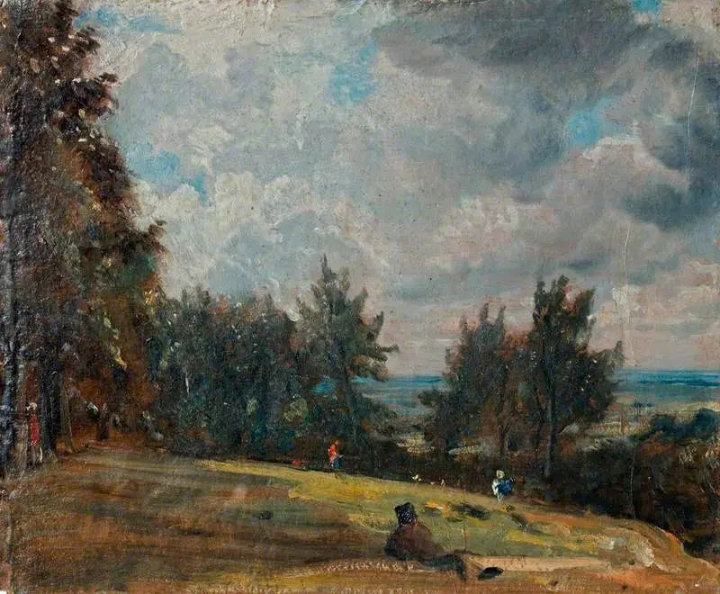 Et utsikt i Hampstead med trær og personer - John Constable