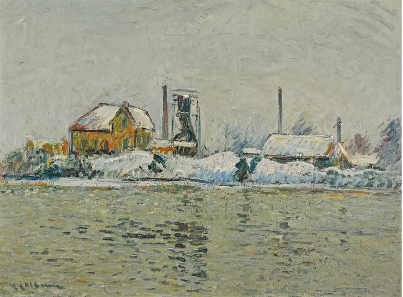 Fabrikk ved Oise-elven, snøeffekt - Gustave Loiseau