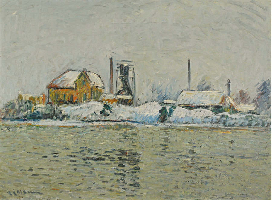 Fabrikk ved Oise-elven, snøeffekt - Gustave Loiseau
