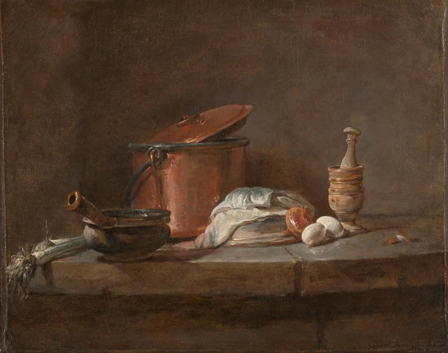 Kjøkkenutstyr med purre, fisk og egg - Jean Simeón Chardin