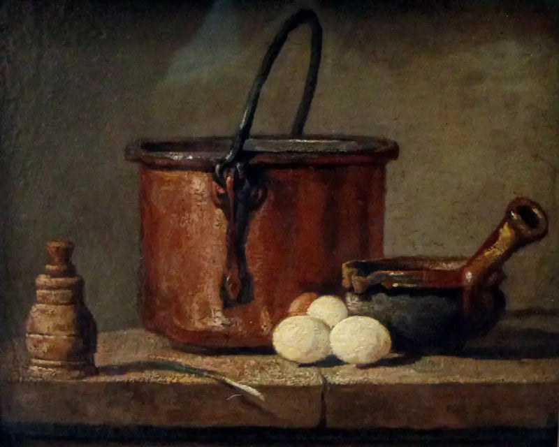 Kjøkkenutstyr, kjele, stekepanne og egg - Jean Siméon Chardin