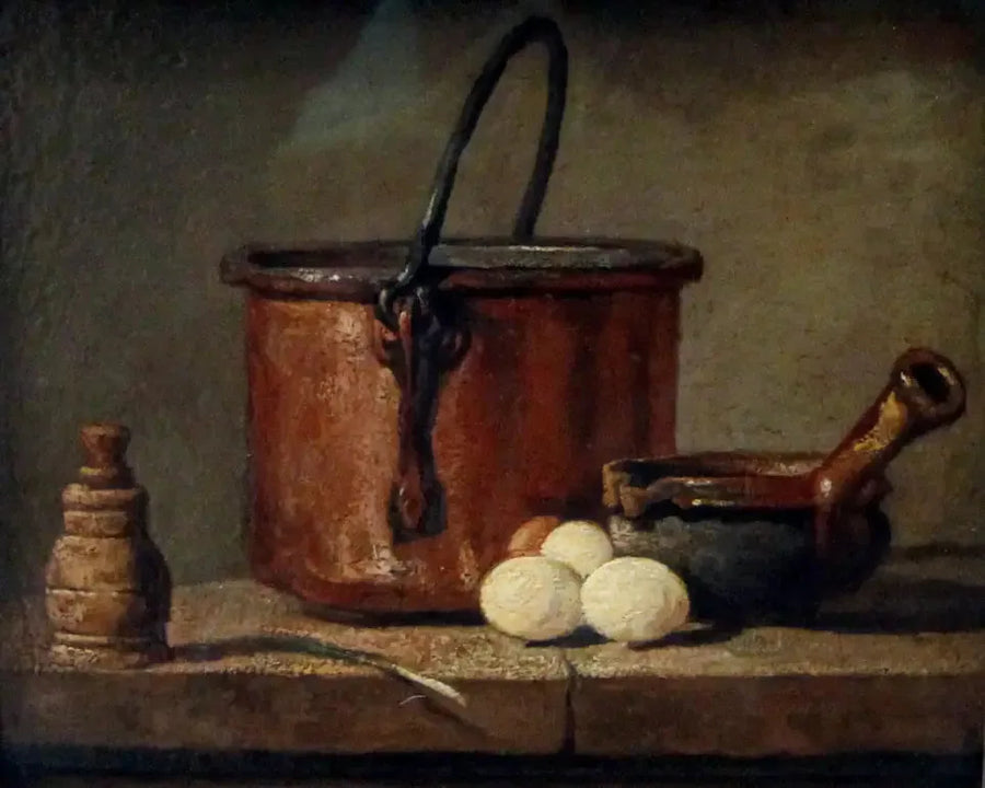 Kjøkkenutstyr, kjele, stekepanne og egg - Jean Siméon Chardin