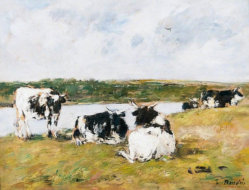 Kuene ved elvebredden - Eugène Boudin