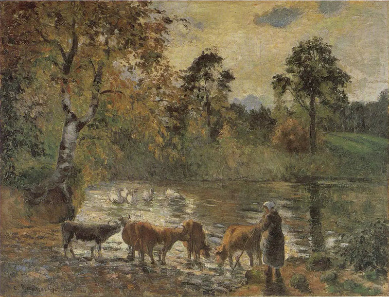 Kuene som drikker i Montfoucault-dammen - Camille Pissarro