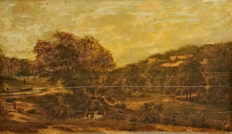Skogkledd dal med en bekk og hus på fjellskråningen - John Constable