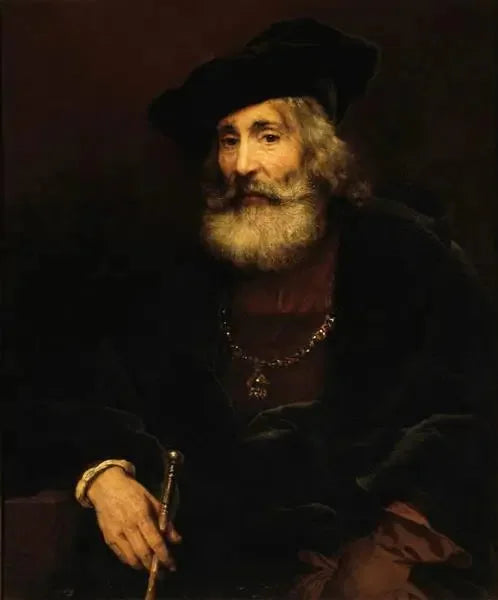 Gammel mann som sitter med en stokk i en fantasikostyme - Rembrandt