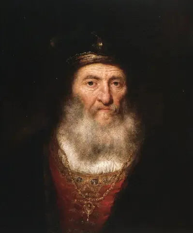 Gamle mann med skjegg og beret som bærer en medaljong - Rembrandt