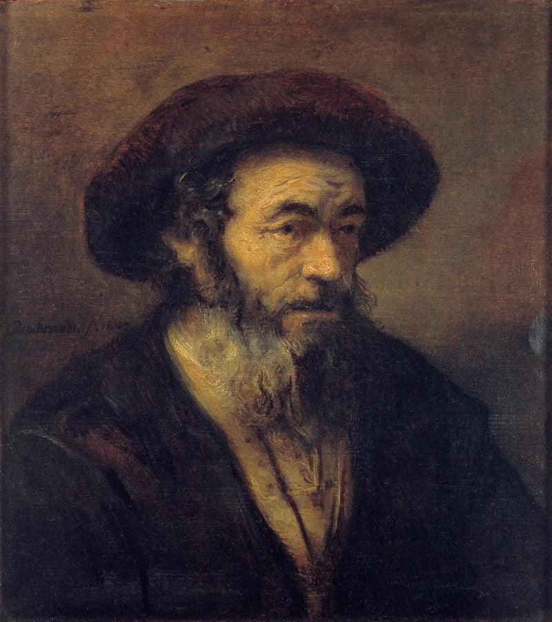 Gammel mann med skjegg som ser mot høyre - Rembrandt