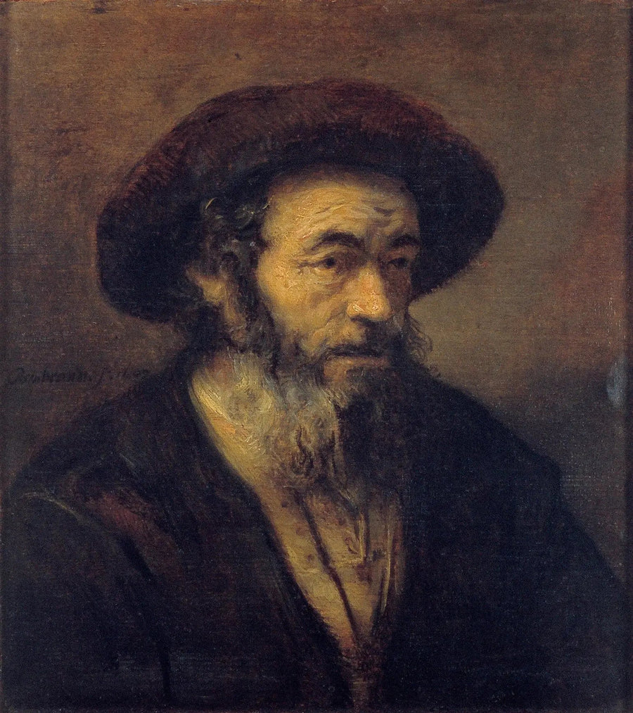 Gammel mann med skjegg som ser mot høyre - Rembrandt