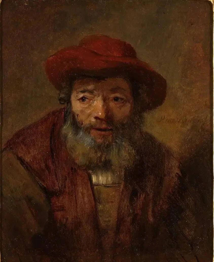 Portrett av en gammel mann med skjegg og rød hatt - Rembrandt