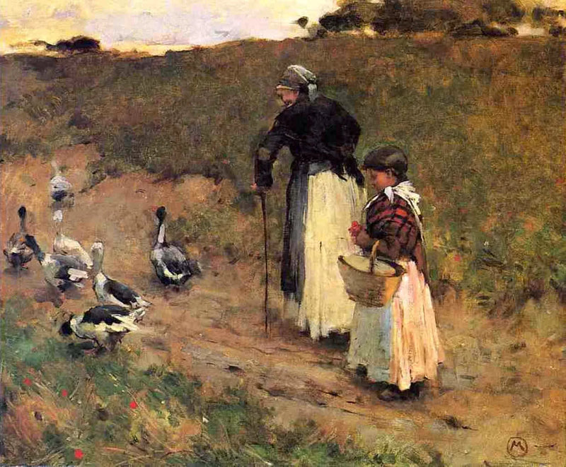 Gammel kvinne med et barn og en gås - Willard Metcalf