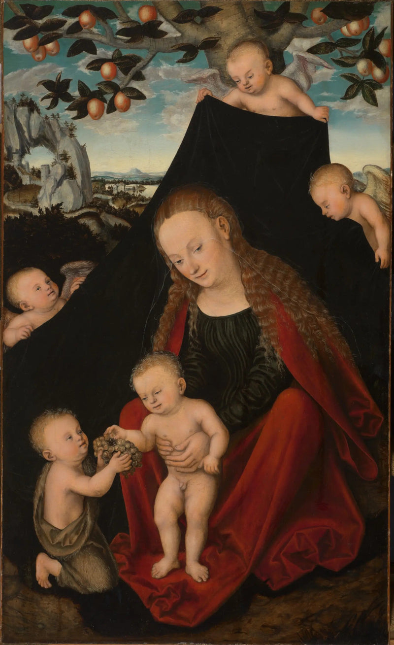 Jomfru med barnet og den unge Saint Johannes Døperen med engler - Lucas Cranach den eldre