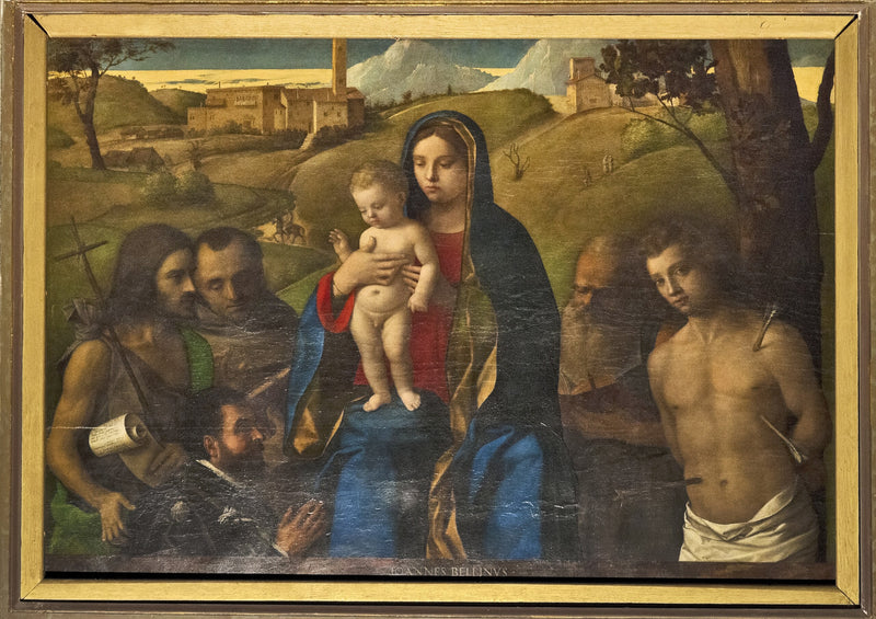 Jomfru med barnet med fire helgener (Johannes Døperen, Fransiskus, Jerome og Sebastian (fra venstre til høyre)) og donoren - Giovanni Bellini