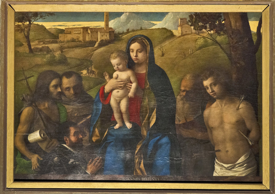 Jomfru med barnet med fire helgener (Johannes Døperen, Fransiskus, Jerome og Sebastian (fra venstre til høyre)) og donoren - Giovanni Bellini