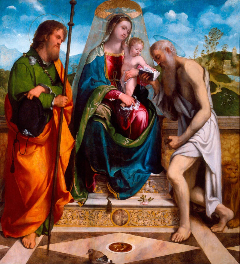 Jomfru med barnet med Saint Jakob den eldre og Saint Jérôme - Alessandro Bonvicino