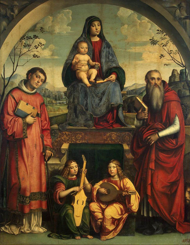 Jomfru med barnet med Saint Laurent, Saint Jerome og to engler som spiller musikk - Francesco Francia