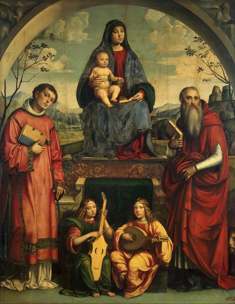 Jomfru med barnet med Saint Laurent, Saint Jerome og to engler som spiller musikk - Francesco Francia