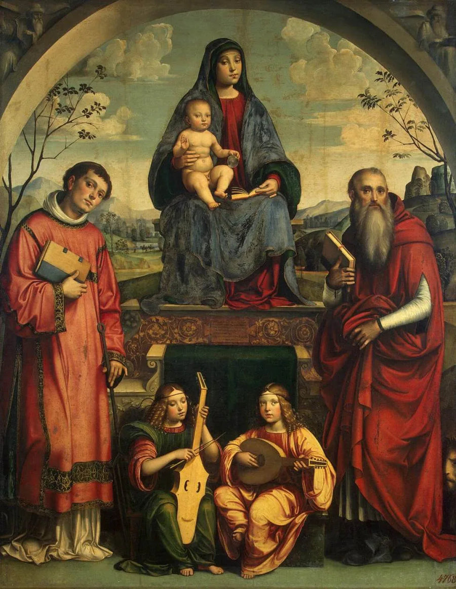 Jomfru med barnet med Saint Laurent, Saint Jerome og to engler som spiller musikk - Francesco Francia