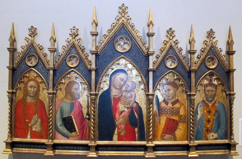 Jomfru med barnet, med hellige Maria Magdalena, hellige Jakob den større, hellige Stefan og en biskop. - Allegretto Nuzi