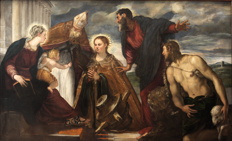 Jomfru med barnet, med hellige Katarina, hellige Augustin, hellige Markus og hellige Johannes Døperen - Jacopo Tintoretto