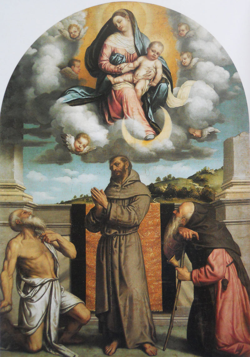 Jomfru med barnet i herlighet med Sankt Jerome, Sankt Frans av Assisi og Sankt Anton Abbed - Alessandro Bonvicino