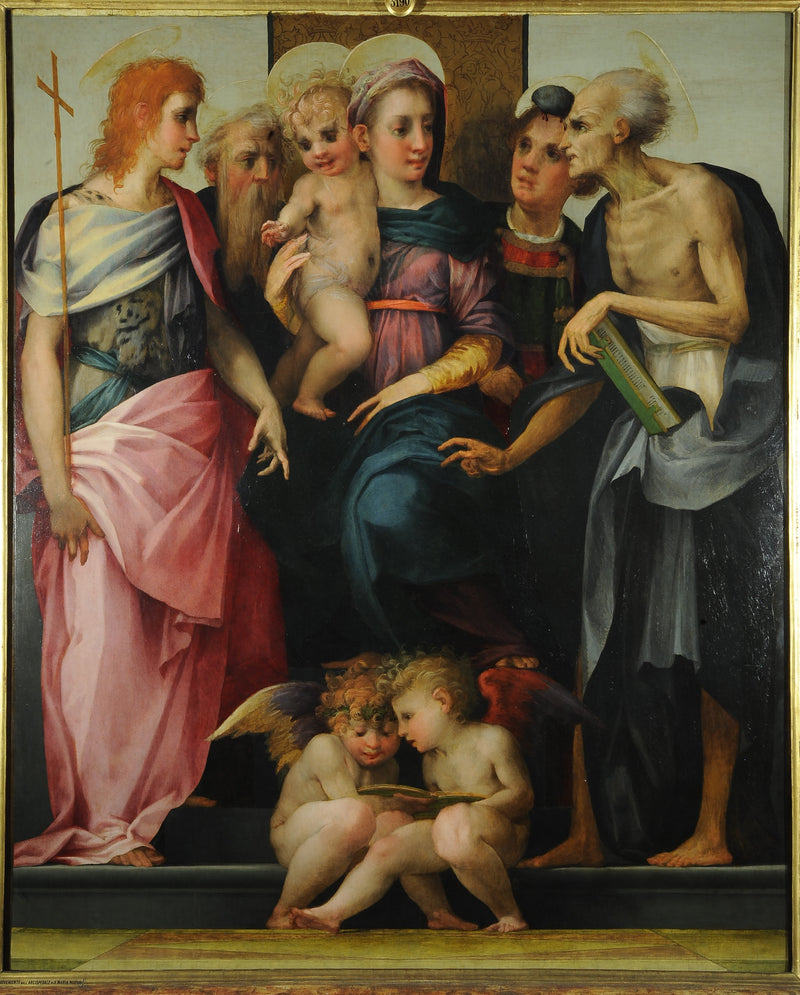 Jomfru med barnet i majestet med helgenerne Johannes døperen, Abbed Antoine, Stefan og Jérôme - Rosso Fiorentino