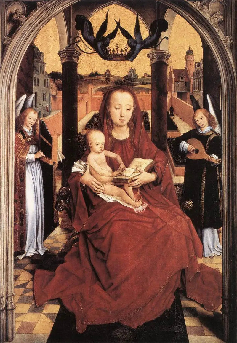 Jomfru med barnet på trone med to musiserende engler - Hans Memling