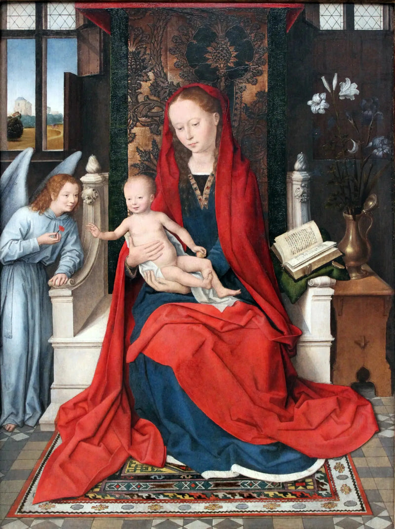 Jomfru med barnet på tronen med en engel - Hans Memling