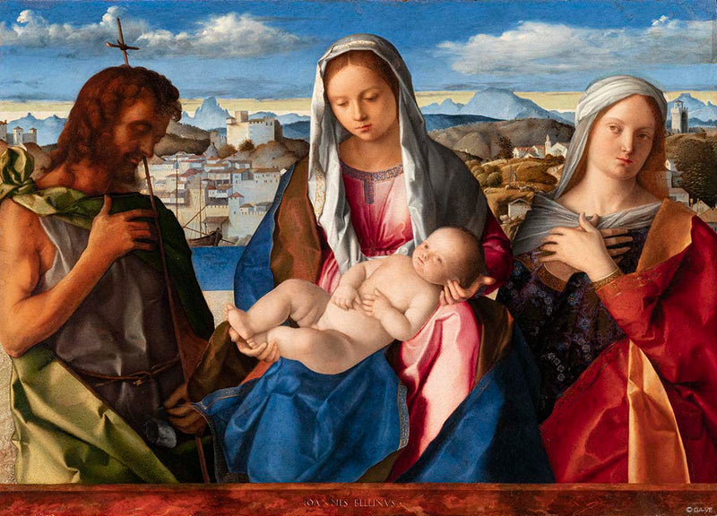 Jomfru med barnet omgitt av Saint Johannes Døperen og en helgen - Giovanni Bellini