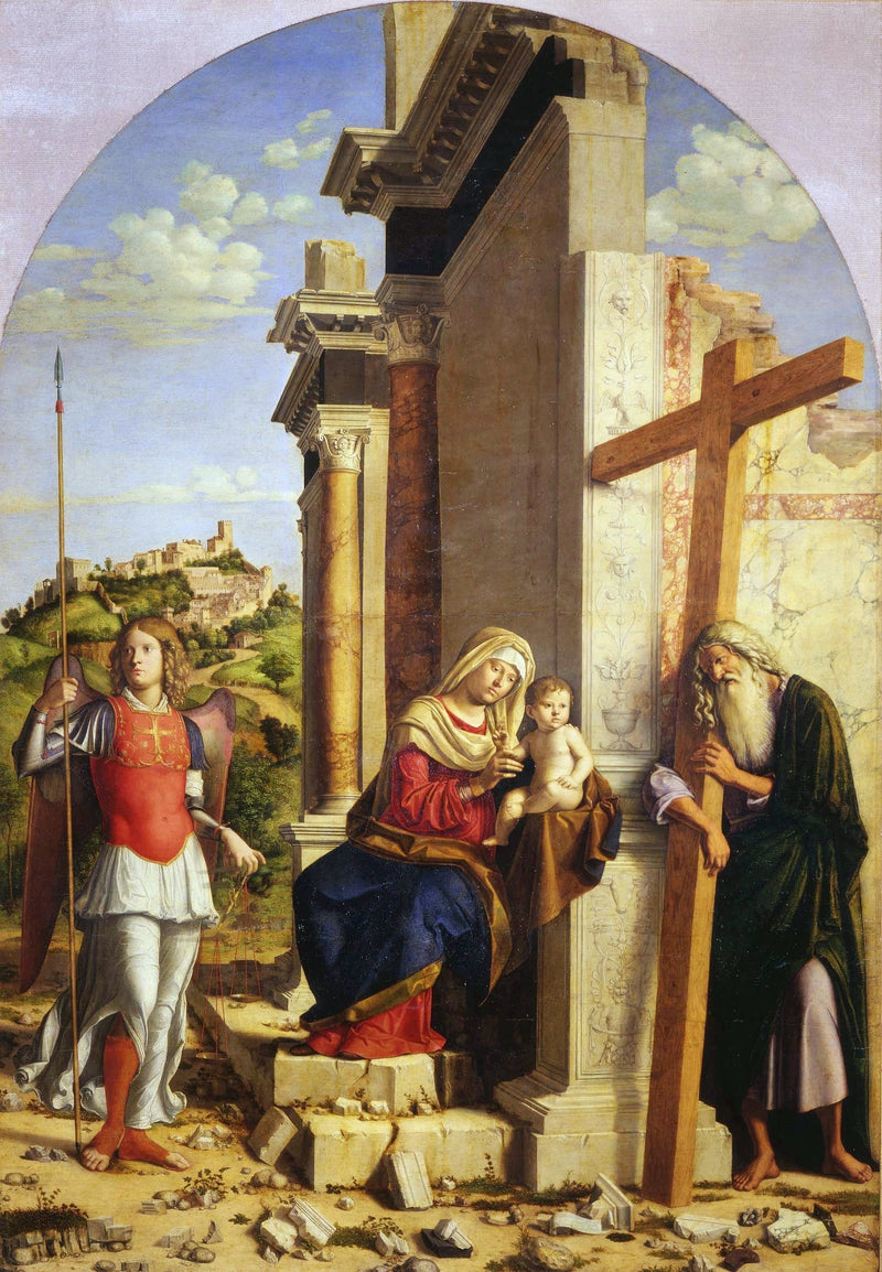 Jomfru med barnet mellom erkeengelen Saint Michel og apostelen Saint André - Cima da Conegliano