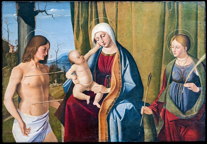 Jomfru med barnet mellom Saint Sebastian og Saint Ursula - Marco Basaiti