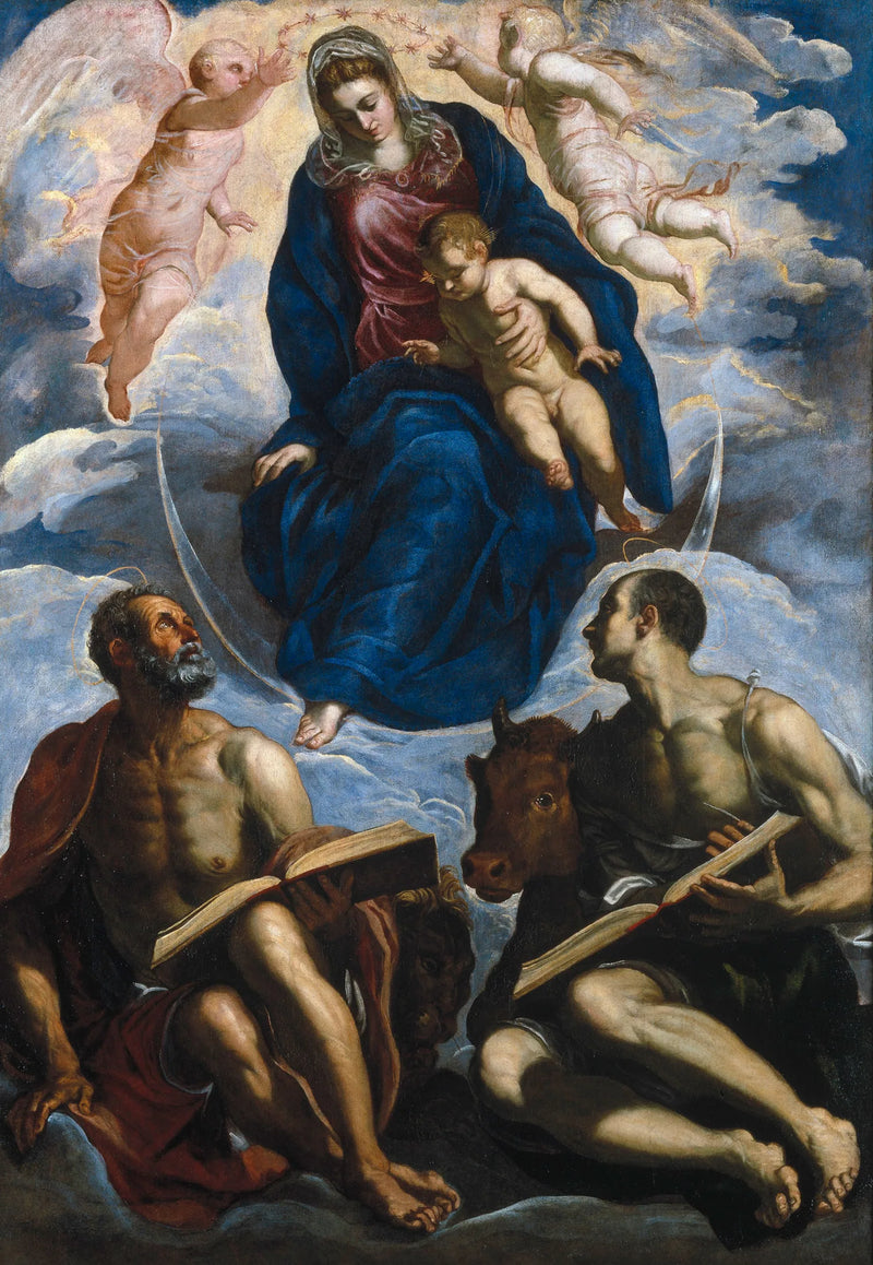 Jomfru med barnet, Saint Markus og Saint Lukas - Jacopo Tintoretto