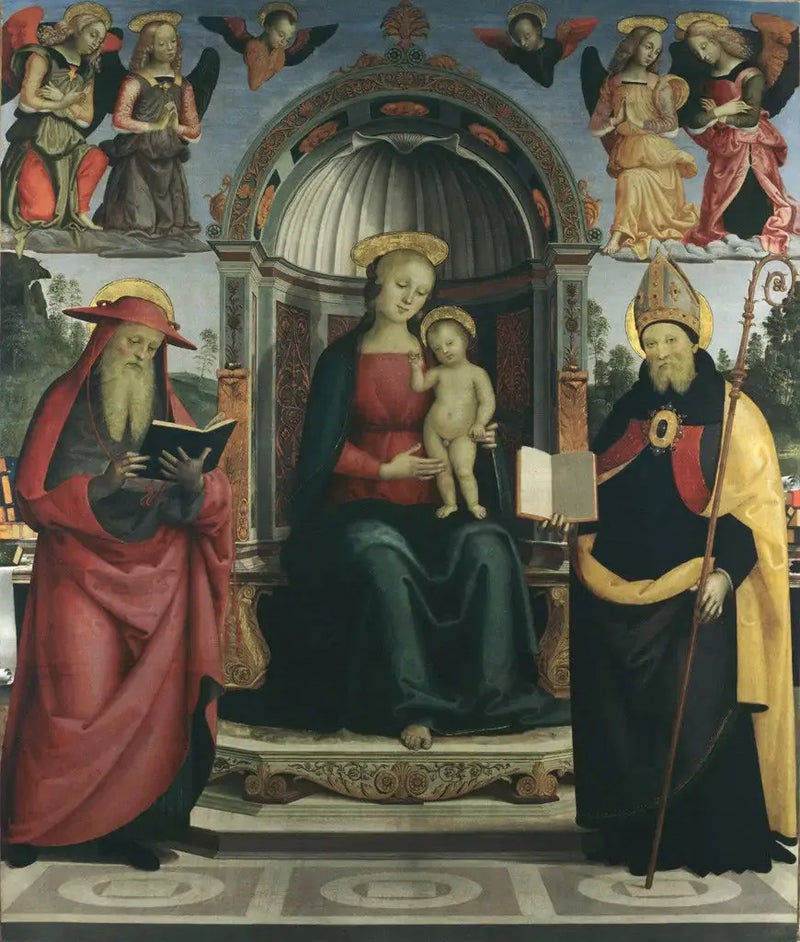 Jomfru med barnet på tronen mellom Saint Jerome, Saint Augustin, fire engler og to keruber - Pietro Perugino